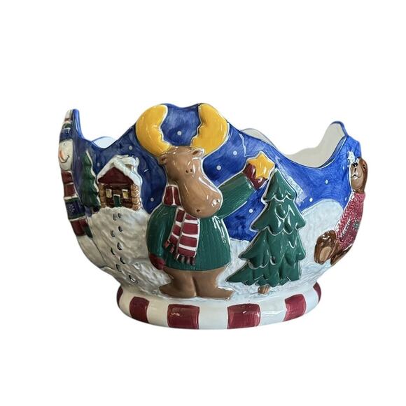 St. Nicholas Square Holiday Christmas Winter Scene Ceramic Bowl Large 1999 Snow - Picture 1 of 6